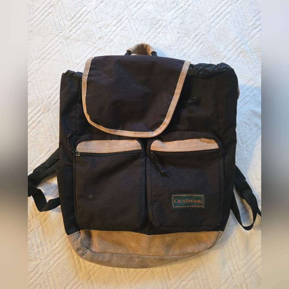 Vintage OutBrook Black Beige Daypack Backpack Camping Hiking Suede Trim